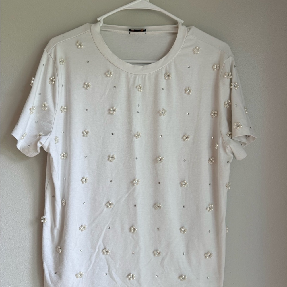 T.J.Maxx Pearl-Embellished White Short Sleeve Tee